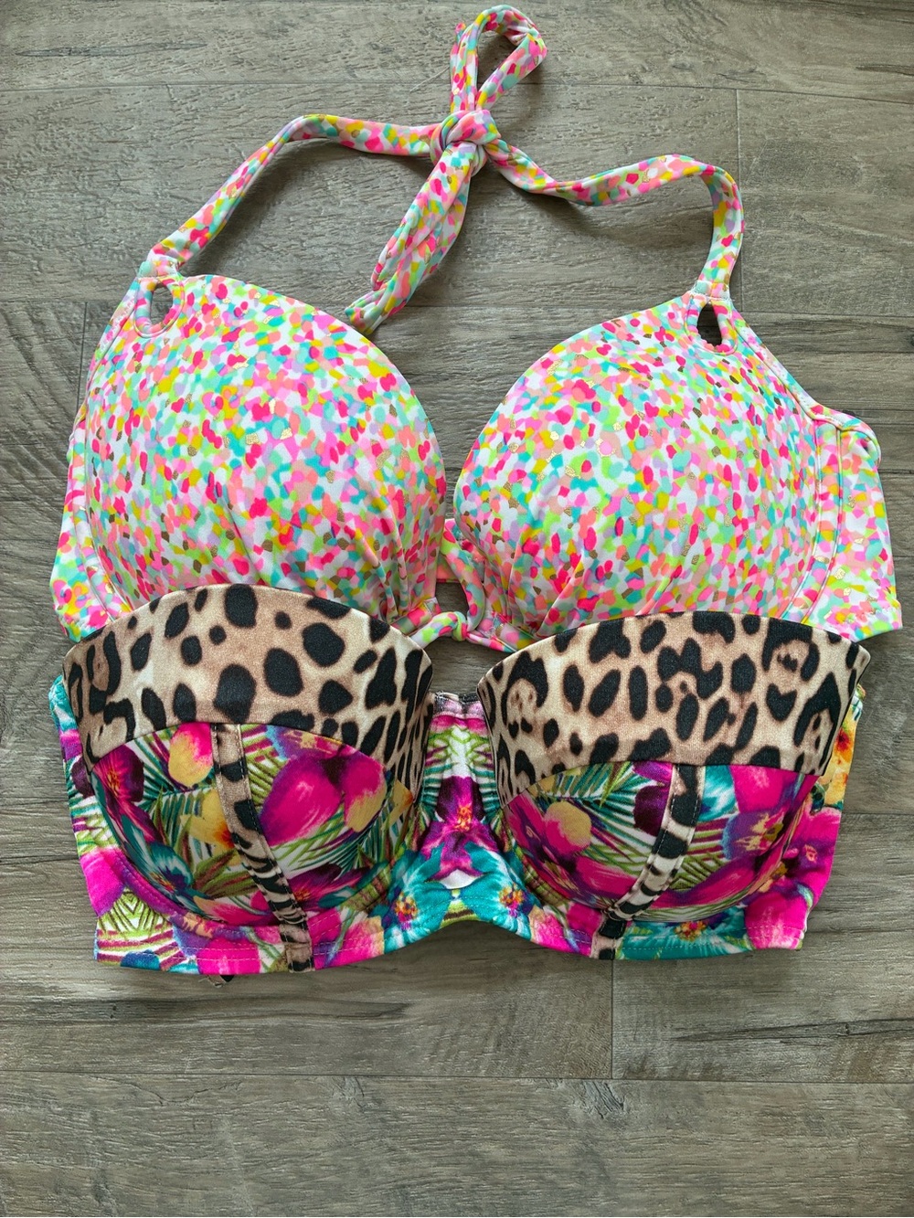 Victoria Secret 2 Bikini Swim Tops Push Up Halter Tropical Leopard Print